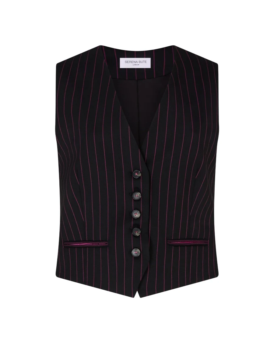 Wool Pinstripe Waistcoat - Black/Pink