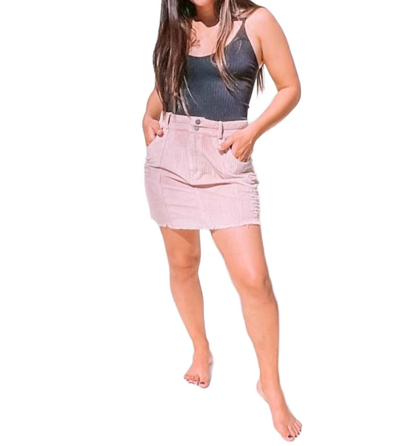 Corduroy Frayed Mini Skirt In Rose