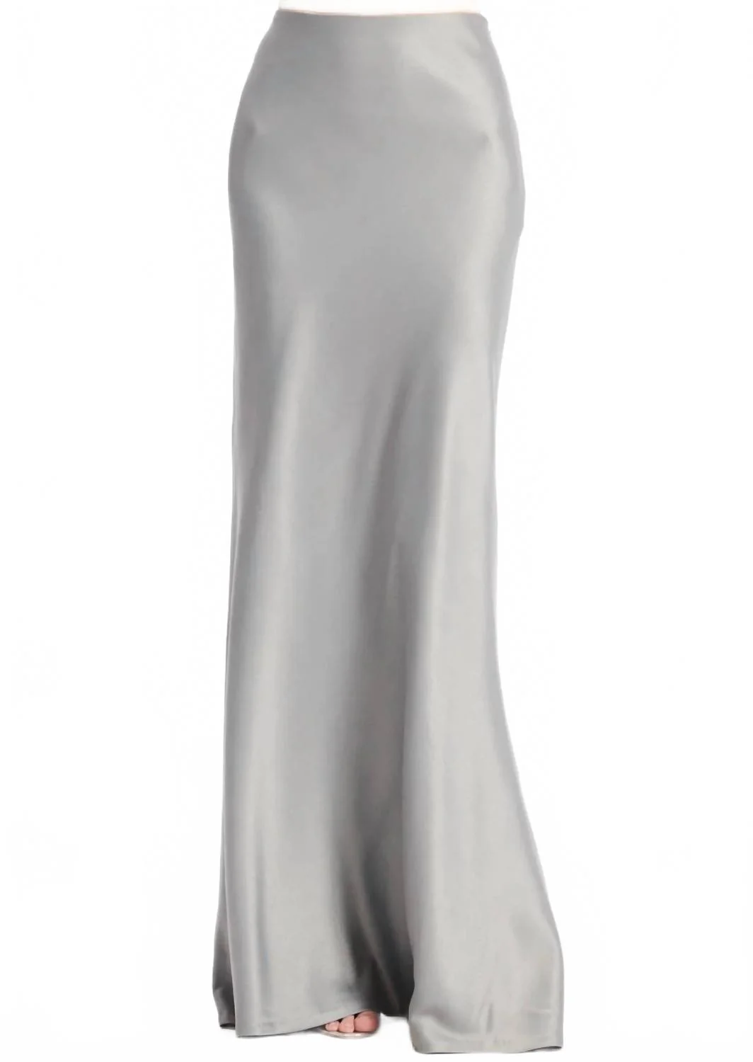 Stretch Satin Bias Long A-Line Skirt In Silver