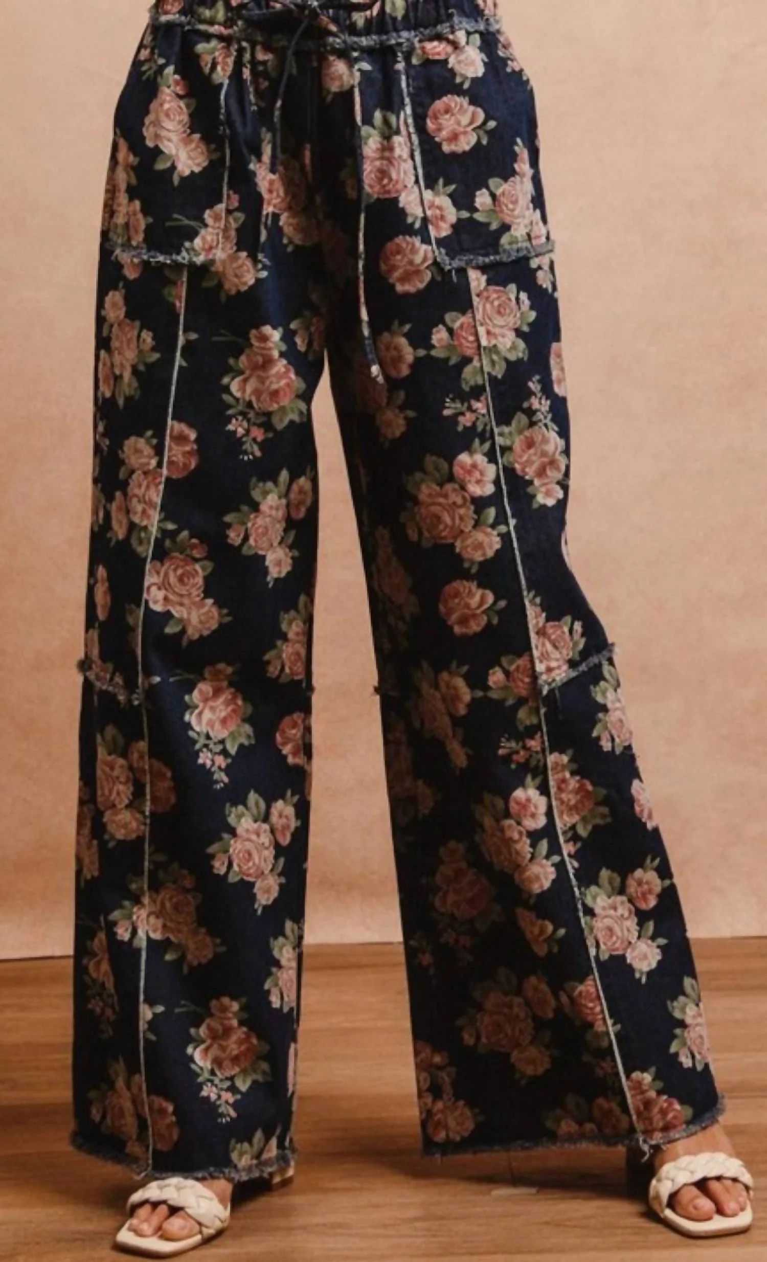 Floral Print Denim Pant In Rose Blossom