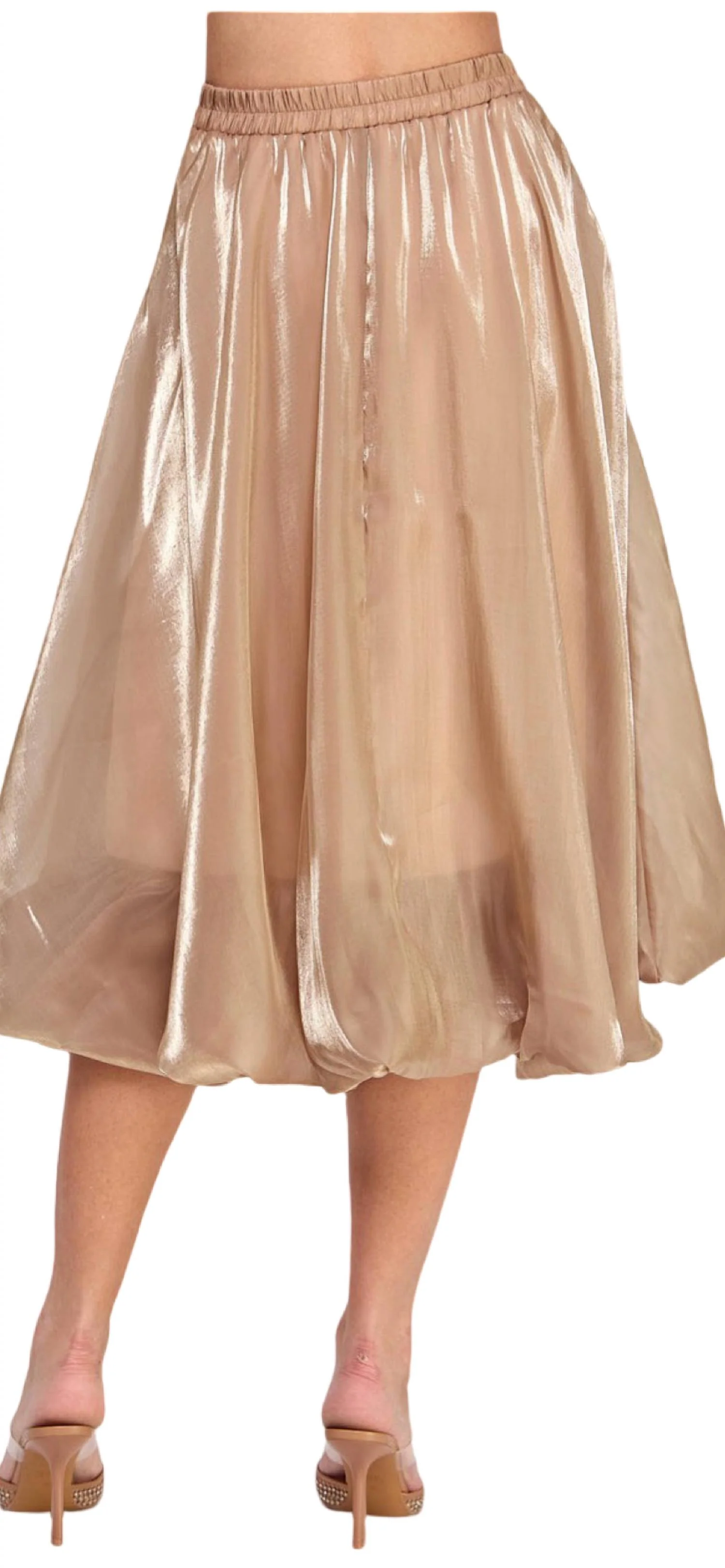 Shiny Bubble Hem Midi Skirt In Camel