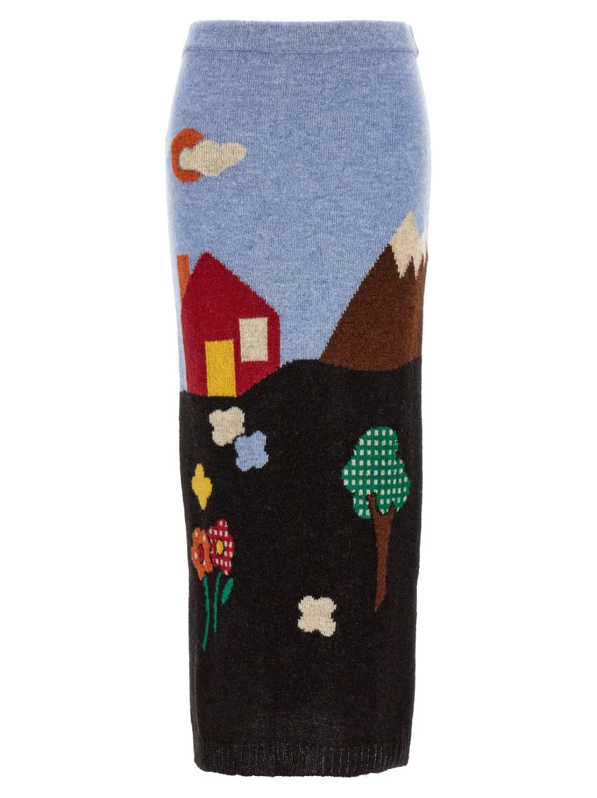 Shetland Wool Knit Skirt With Landscape Intarsia