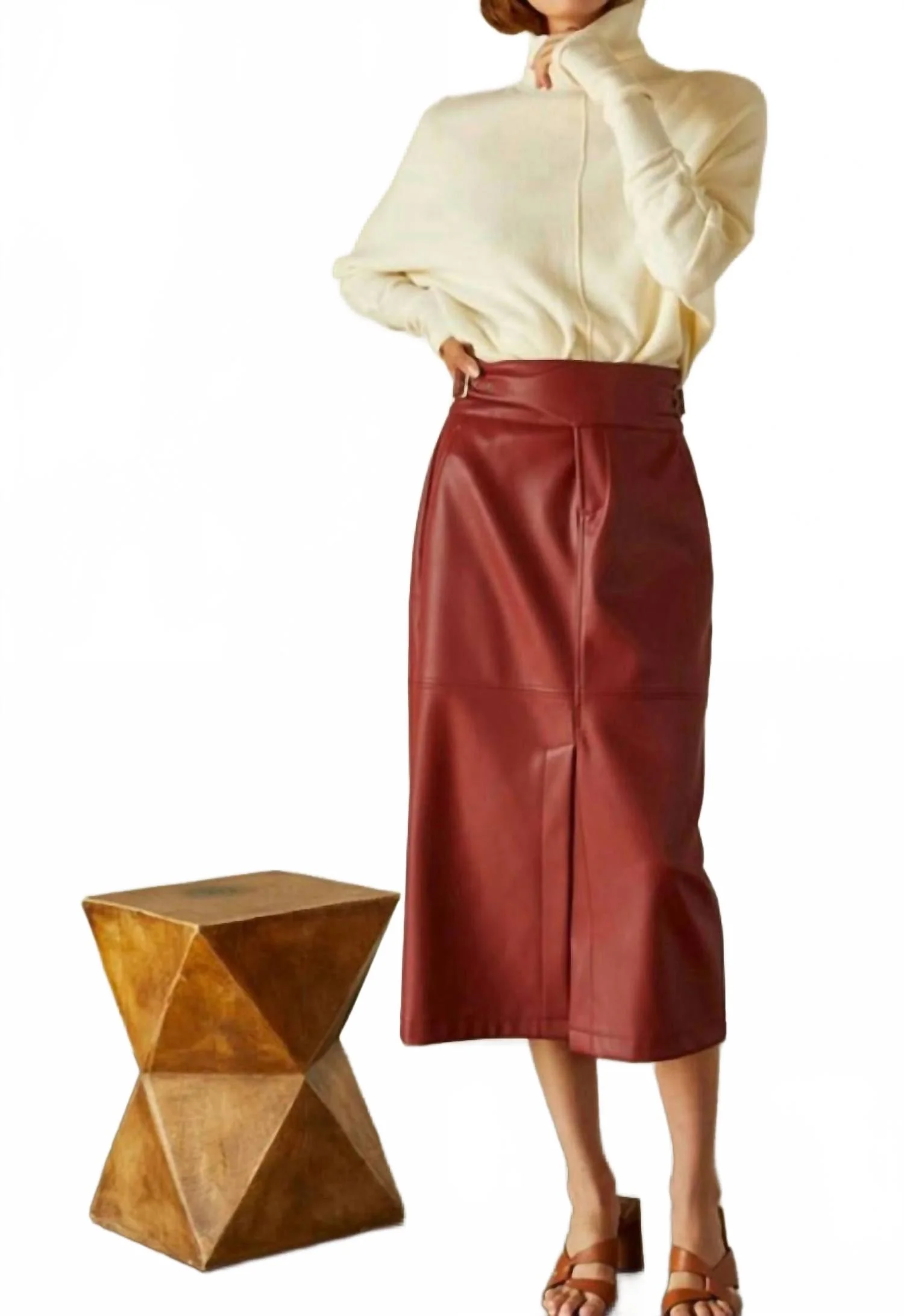 Natalie Vegan Polyurethane Midi Skirt In Brick