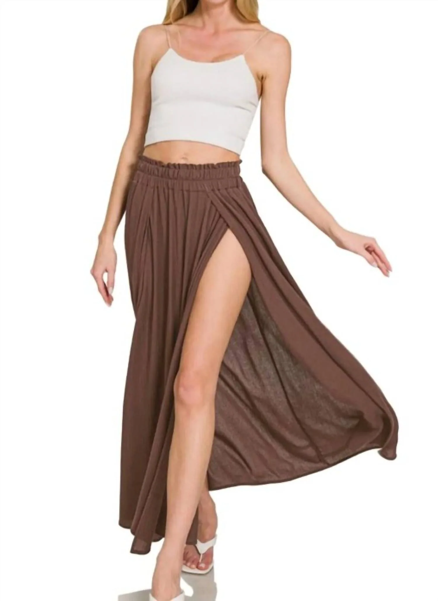 Woven Crinkle Gauze Long Skirt In Brown