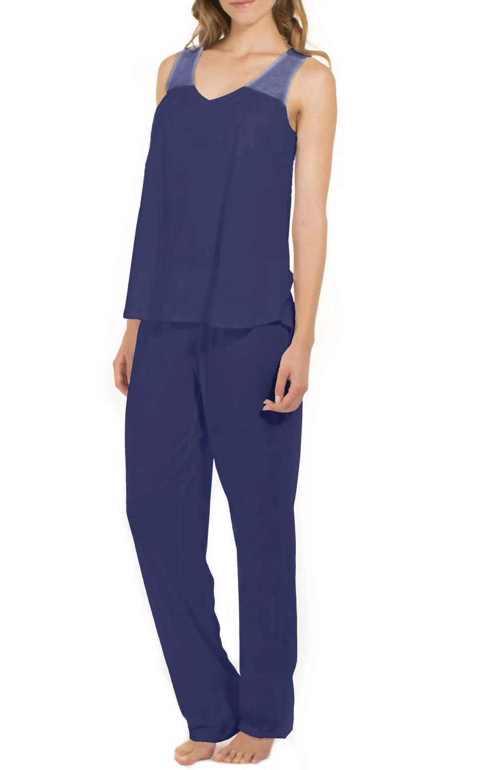 Amber Tank Top Full Length Pant Pajama Set In Pacific Blue