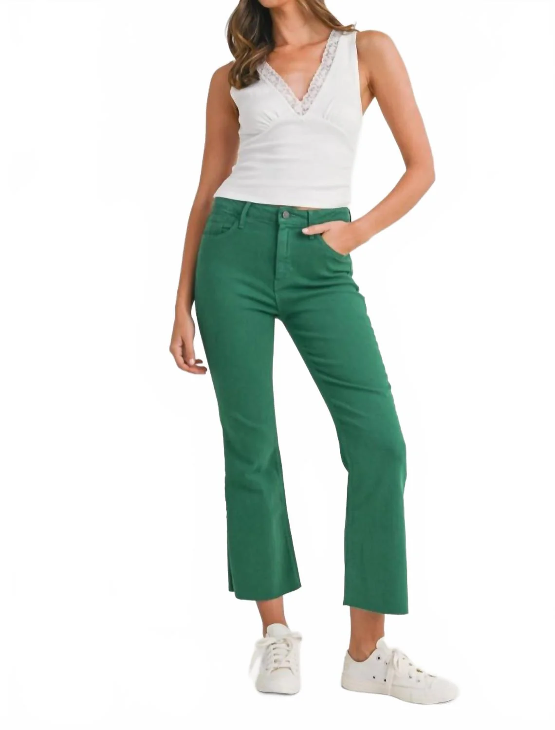 High Rise Tonal Crop Jeans In Green