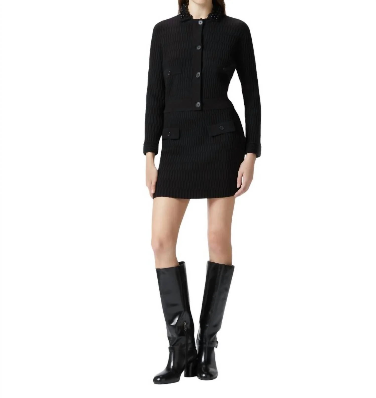 Knit Mini Skirt With Geometric Stitching In Black