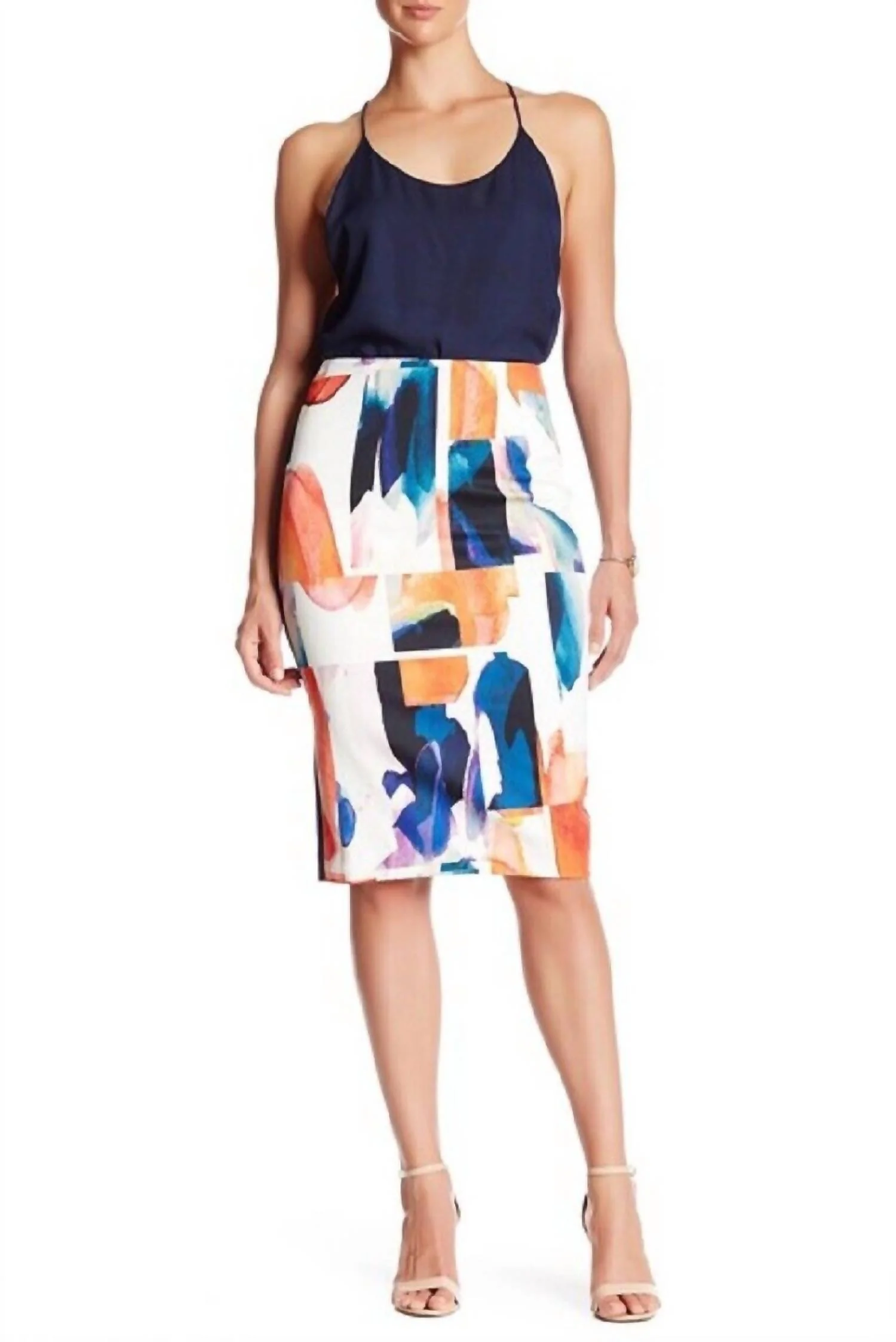 Abstract Print Pencil Skirt In White