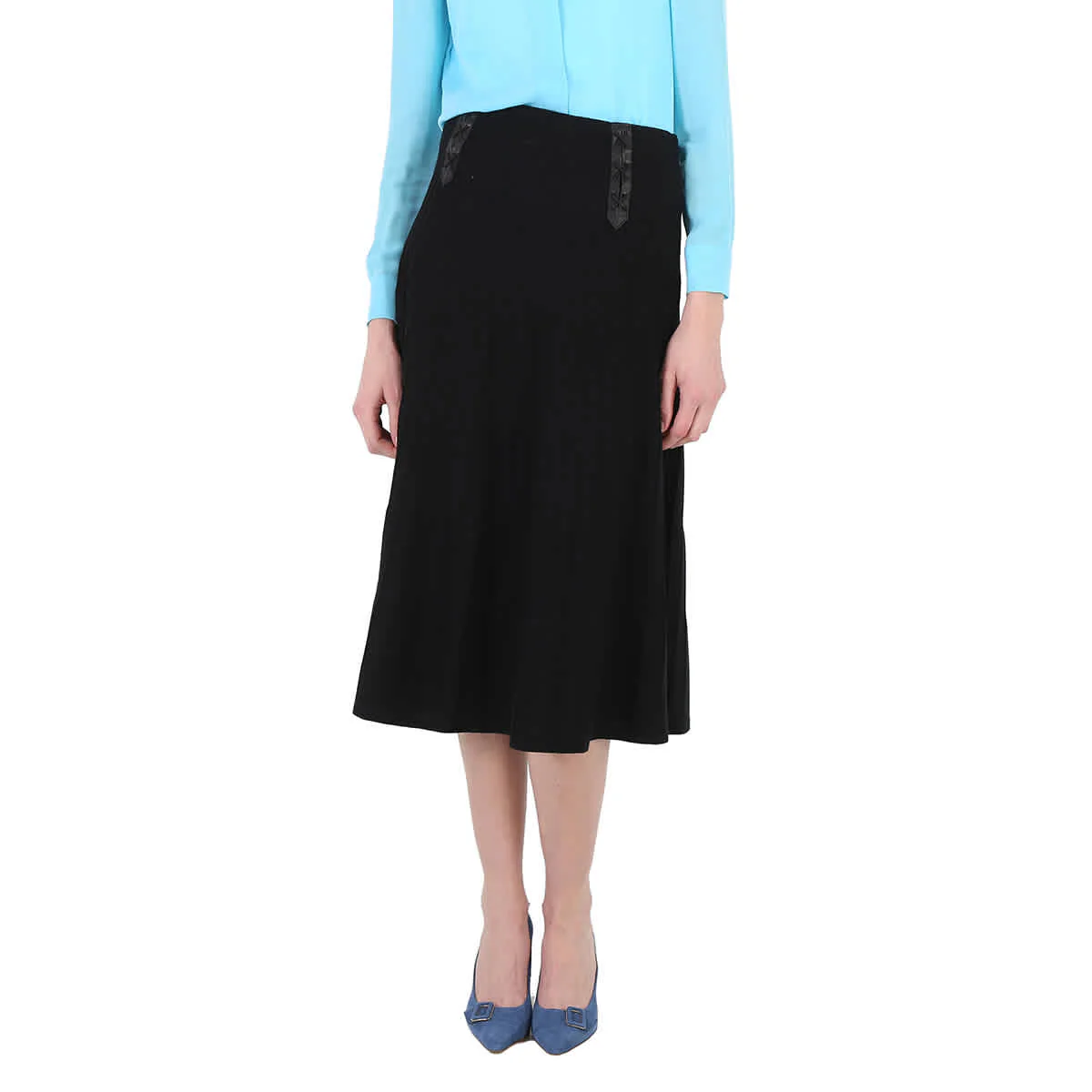 Moschino Ladies Black Leather Detail Pleated Skirt