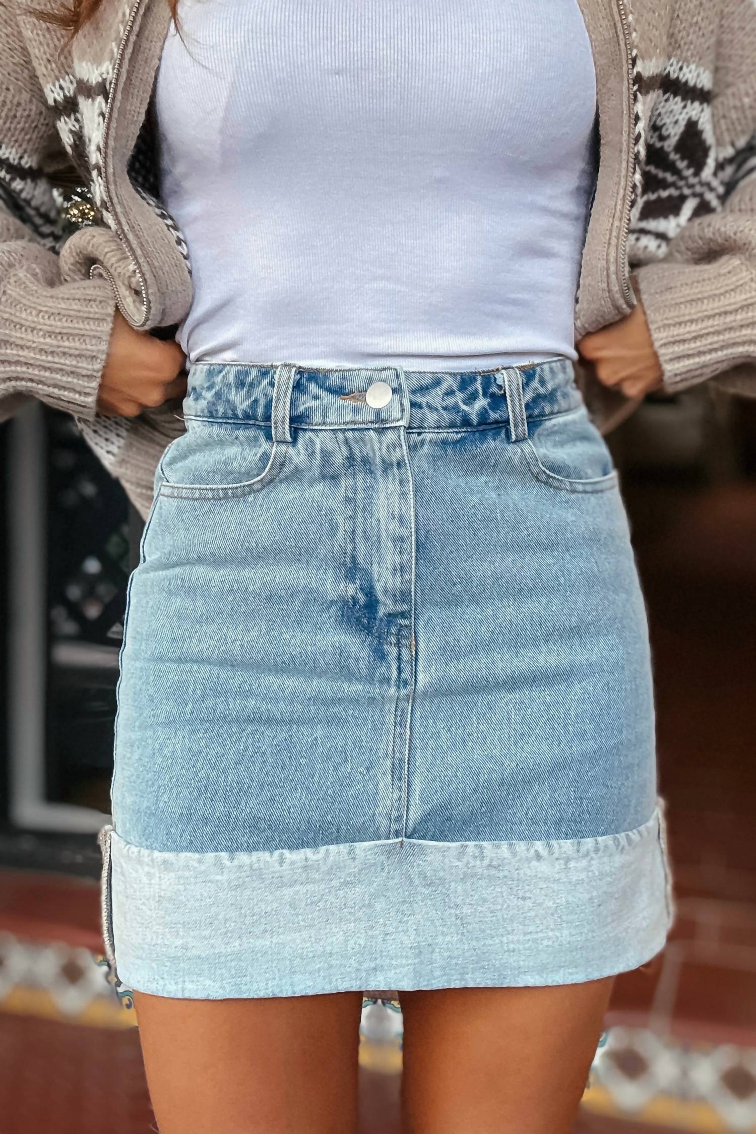 Cuffed Denim Mini Skirt In Light Wash