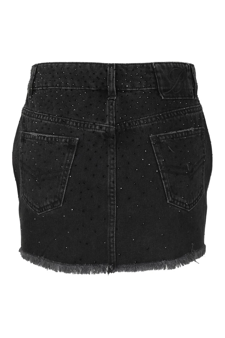 Black Denim Miniskirt With Gem Decoration