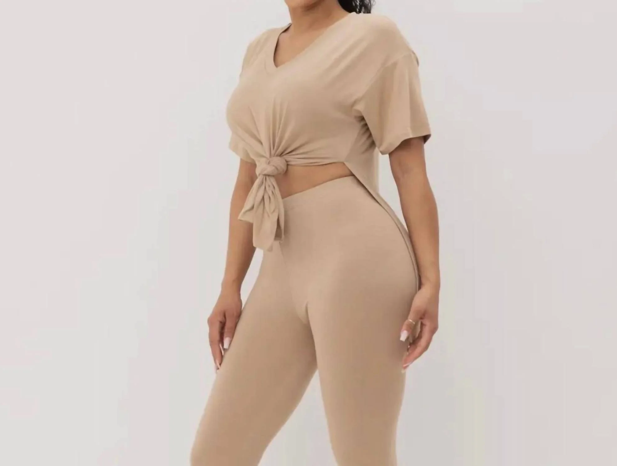 V-Neck Slit Sides Top And Pants Set In Taupe
