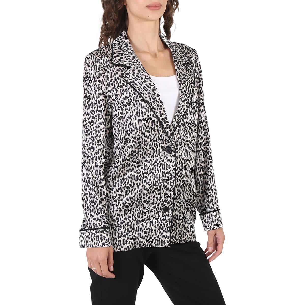 Saint Laurent Ladies Black Leopard-pattern Silk Blazer
