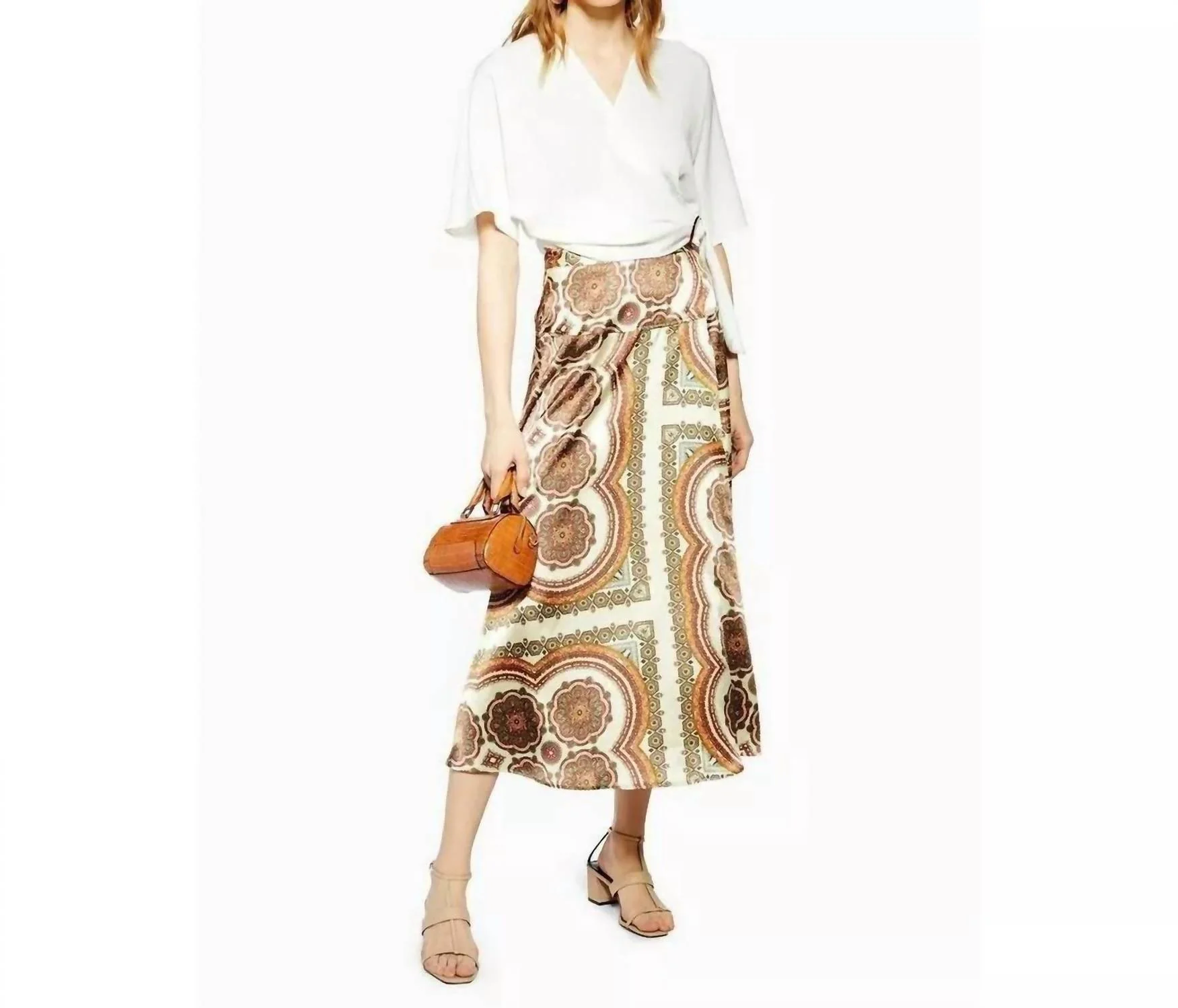 Bias Satin Paisley Print Midi Wrap Skirt In Multicolor