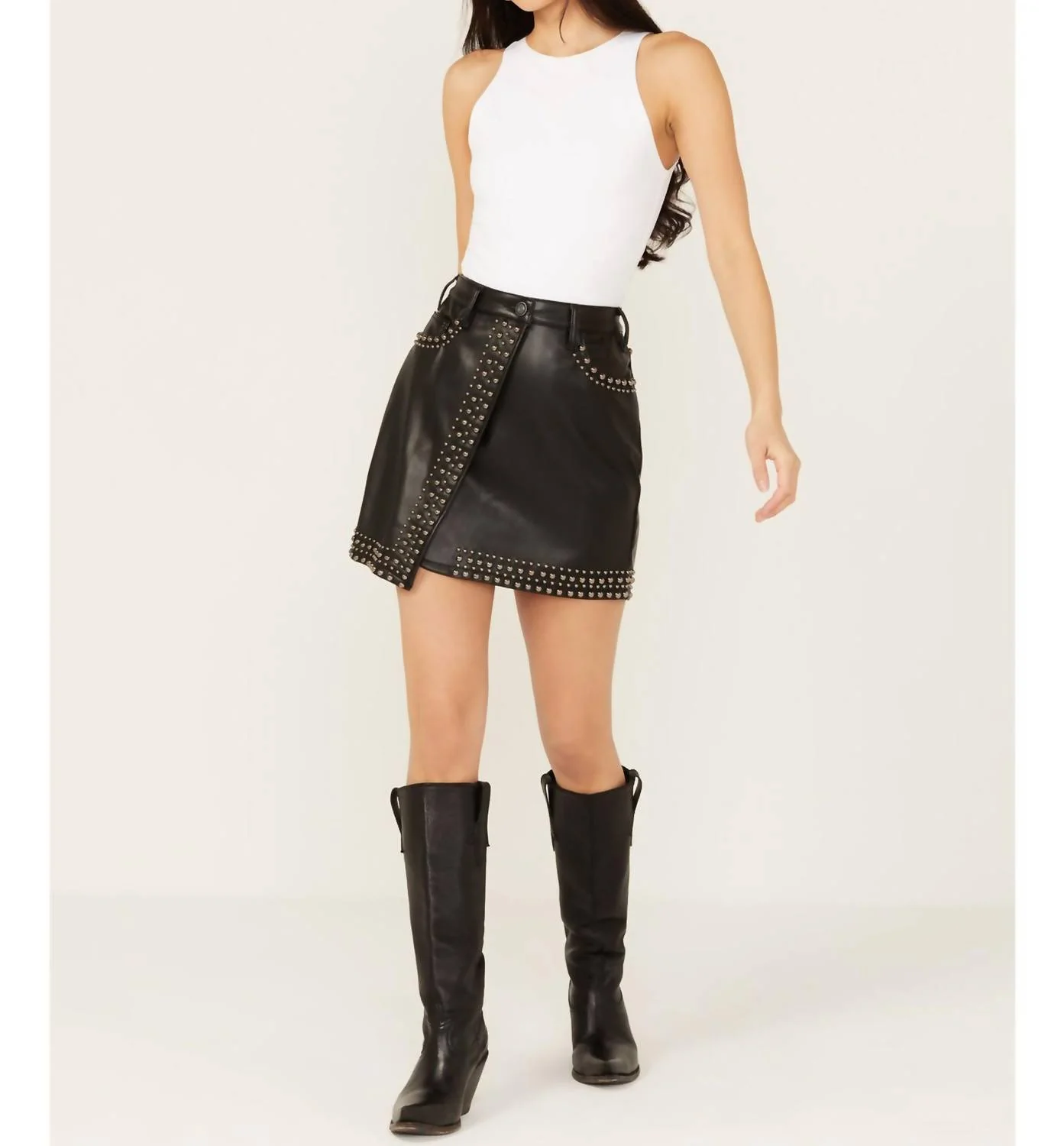 Faux Leather Studded Mini Skirt In Black