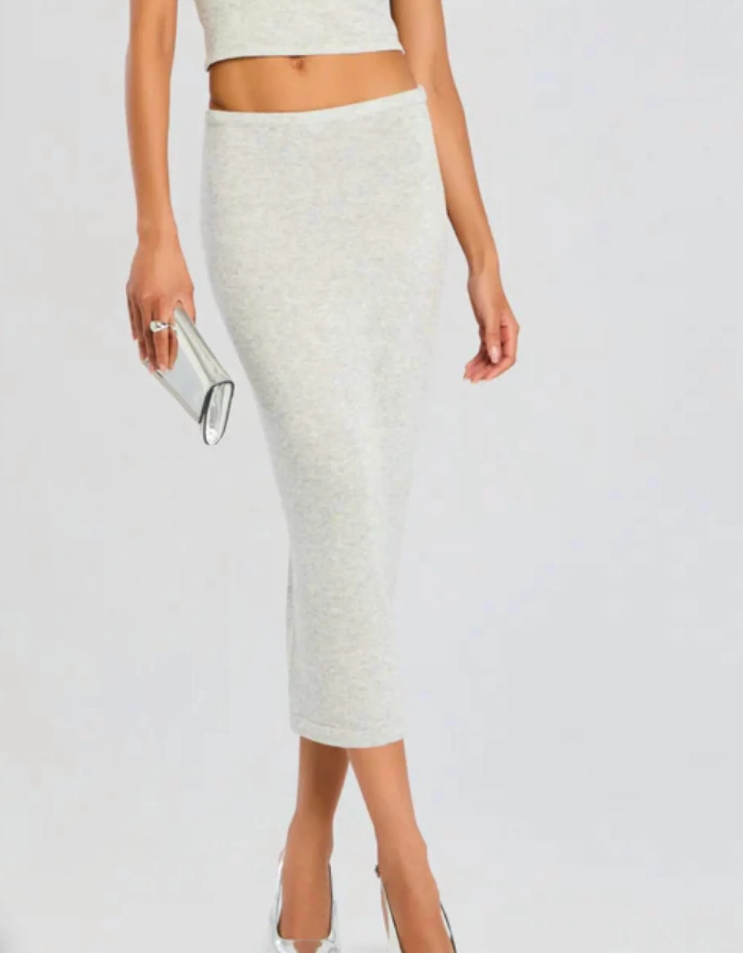 Koko Tea Length Knit Skirt In Light Grey