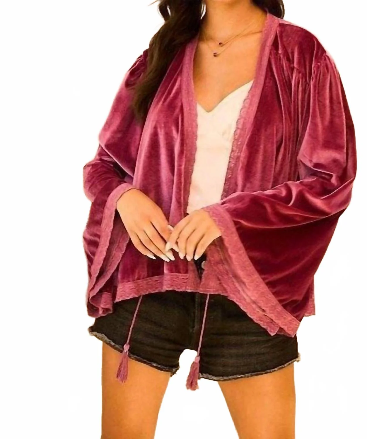 Tassel Trim Velvet Jacket In Plum