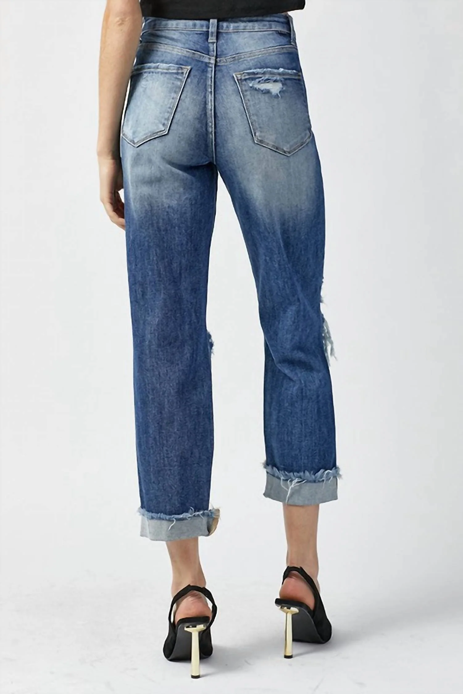 High Rise Boyfriend Destroyed Jeans In Dark Wash