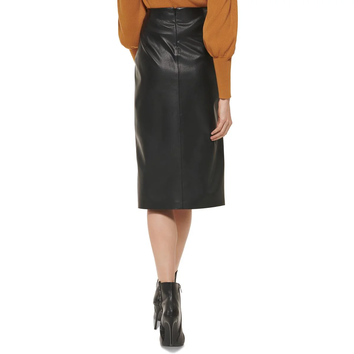 Womens Faux Leather Midi A-Line Skirt