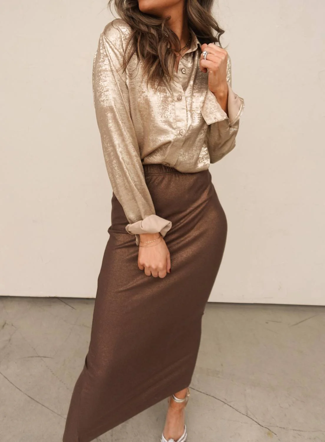 Ribbed Midi Skirt In Coffee Metallic