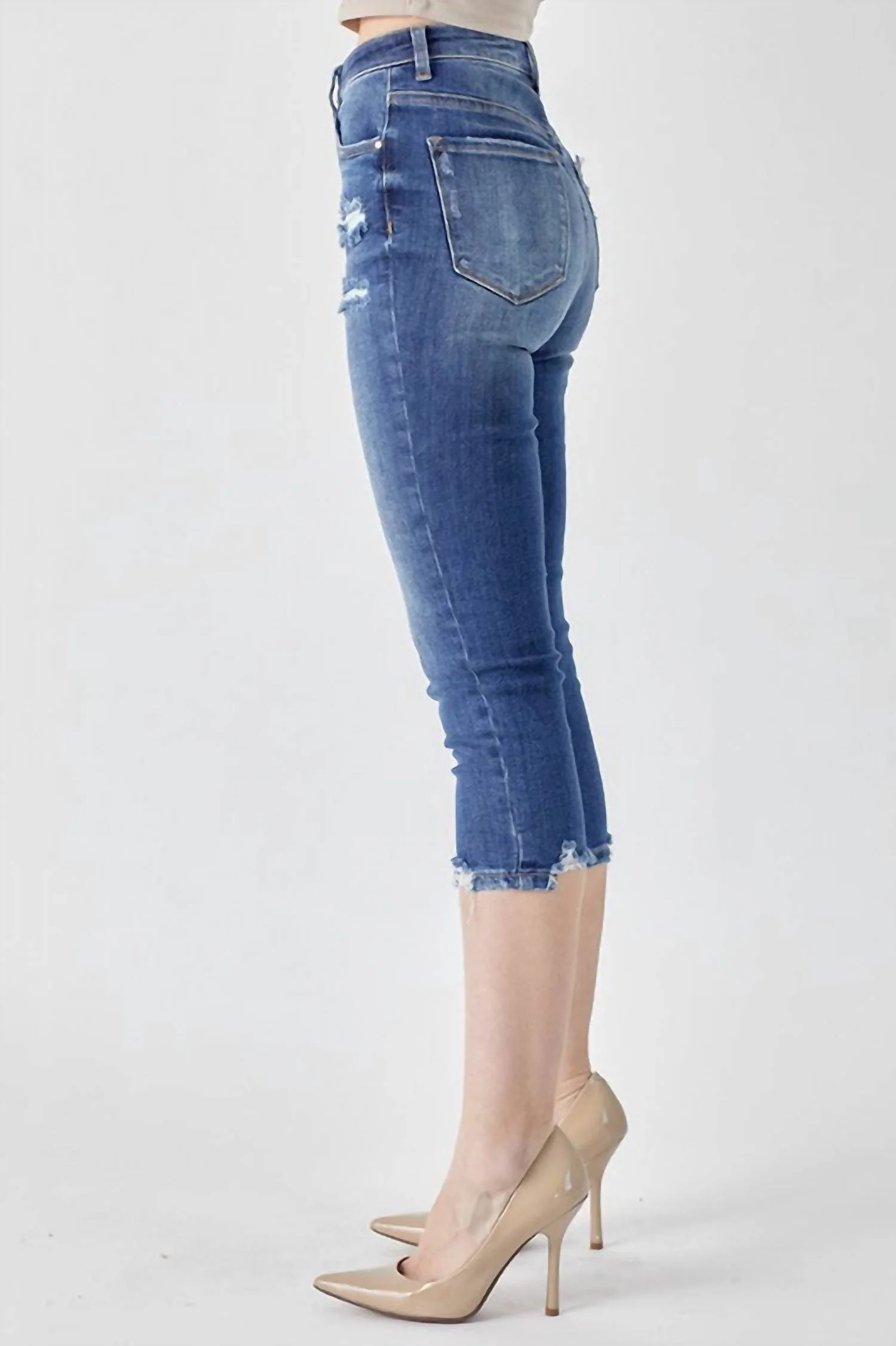 High-Rise Distressed Capri In Dark Wash
