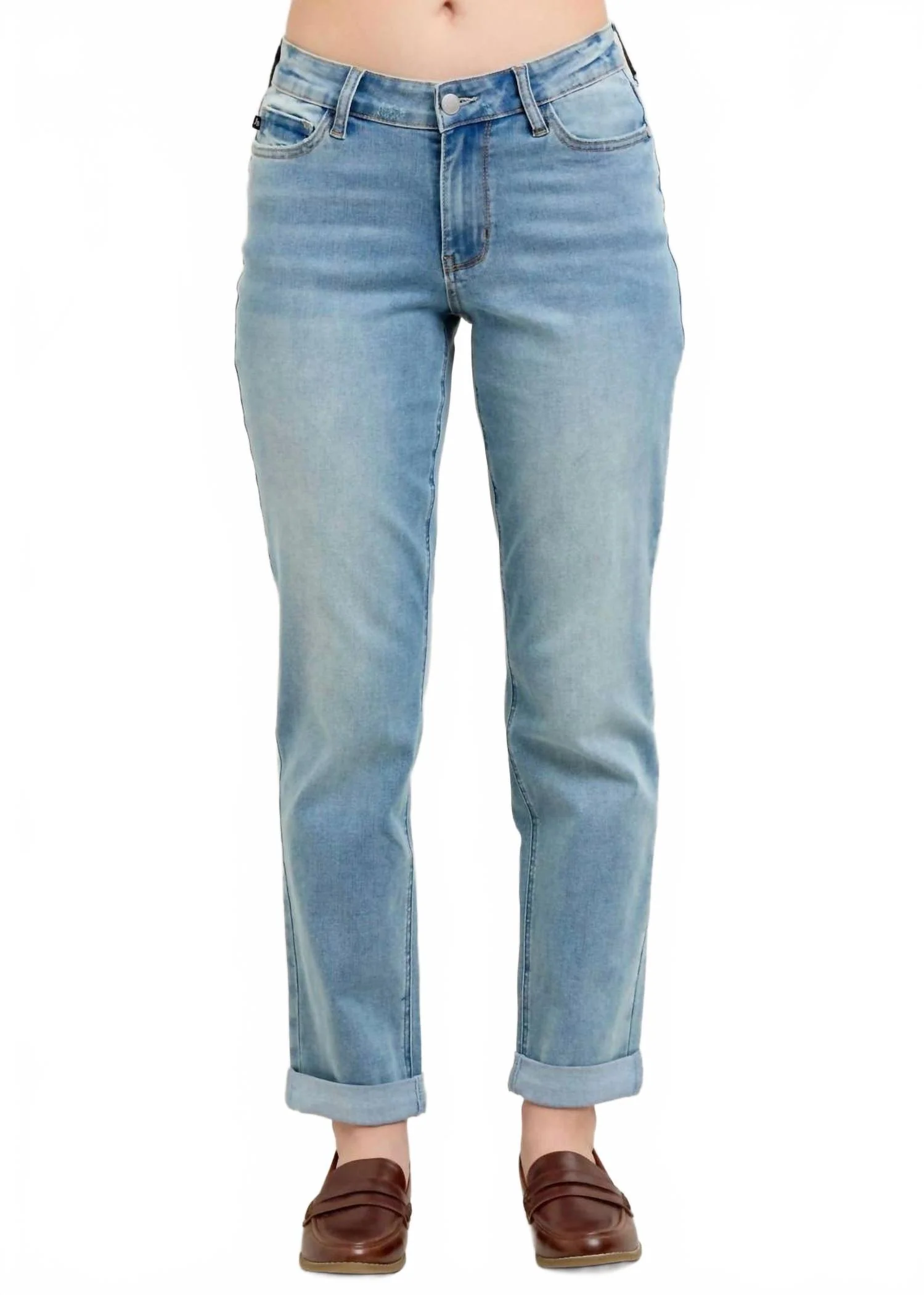 V-Front Cuff Boyfriend Jeans In Medium Denim