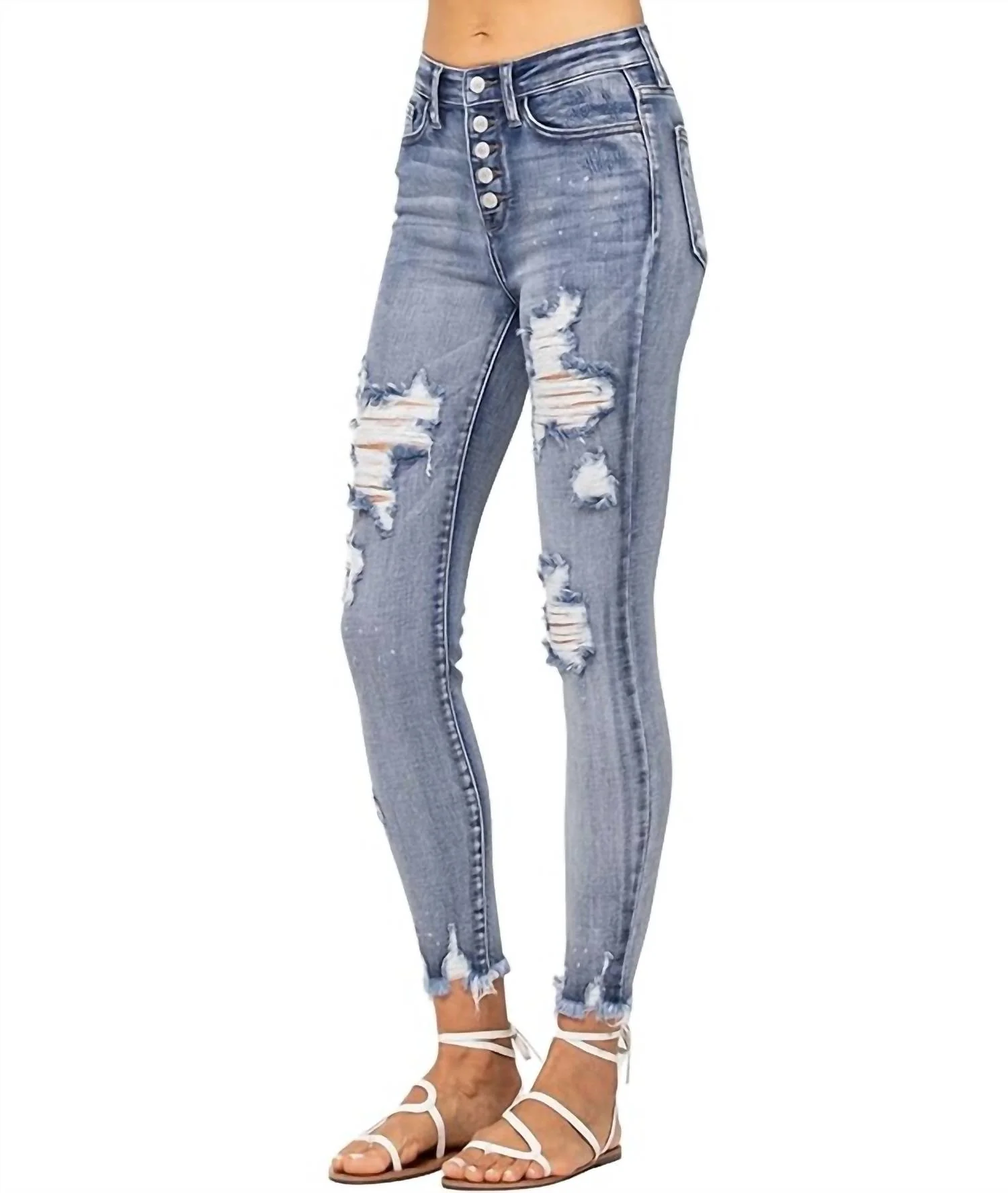 High-Waist Button Fly Bleach Splash Destroyed Skinny Jean In Light Blue