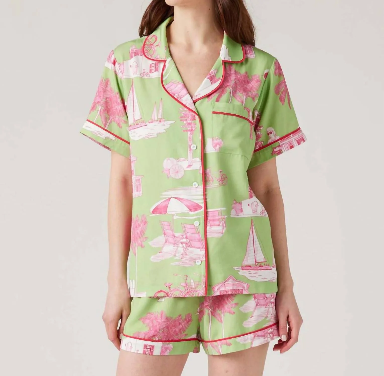 Florida Toile Pajama Short Set In Green Pink
