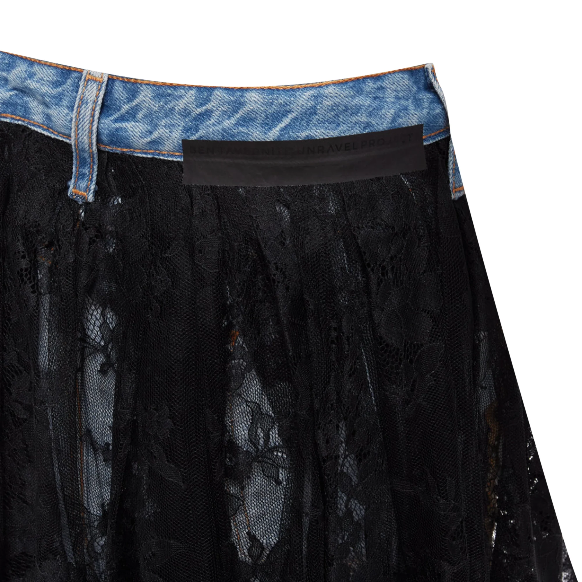 Unravel Project Floral Lace Ruffle Denim Inside Out Skirt