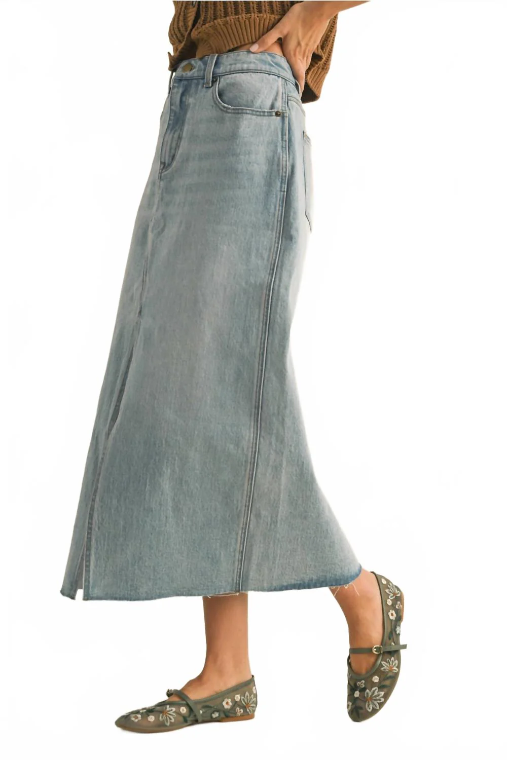 Slit Front Denim Skirt In Light Wash
