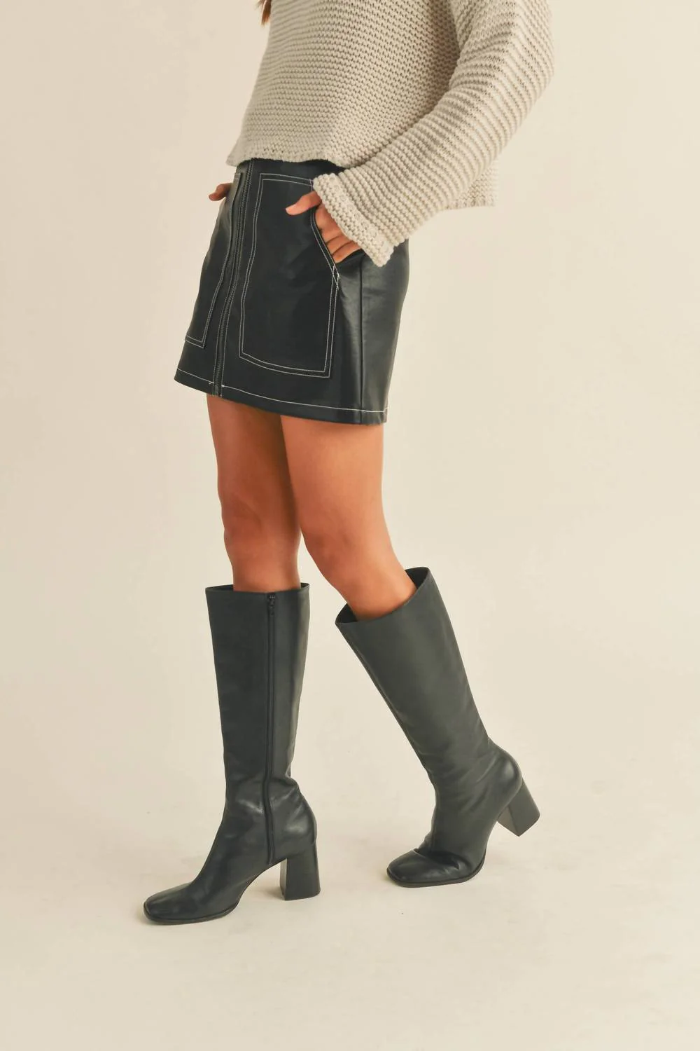 Stitch Detail Zip Skirt In Black