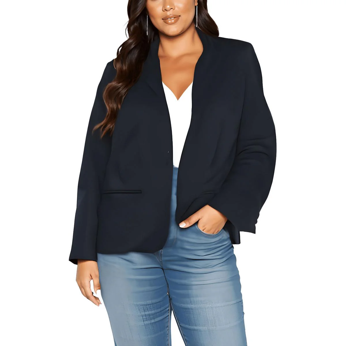 Plus Womens Solid Cotton Collarless Blazer