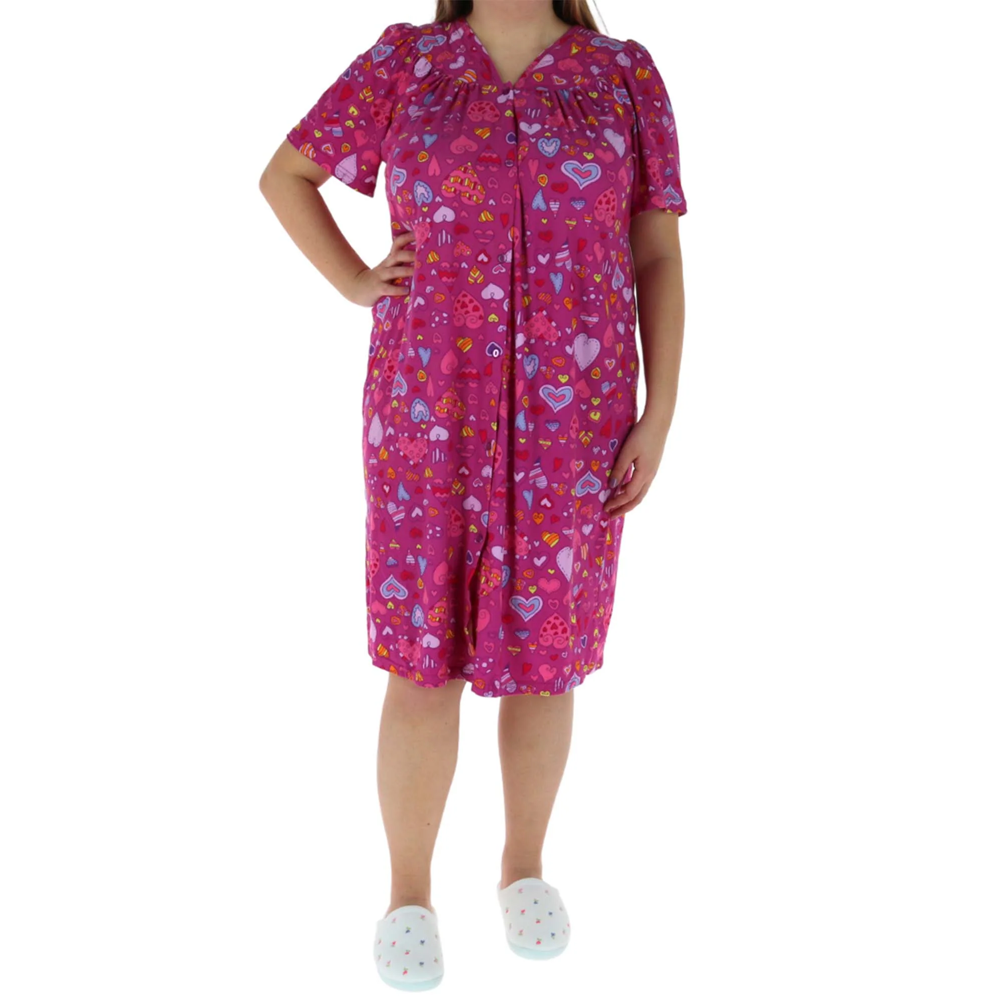 Women's Pink Hearts Short Sleeve Button Down Duster