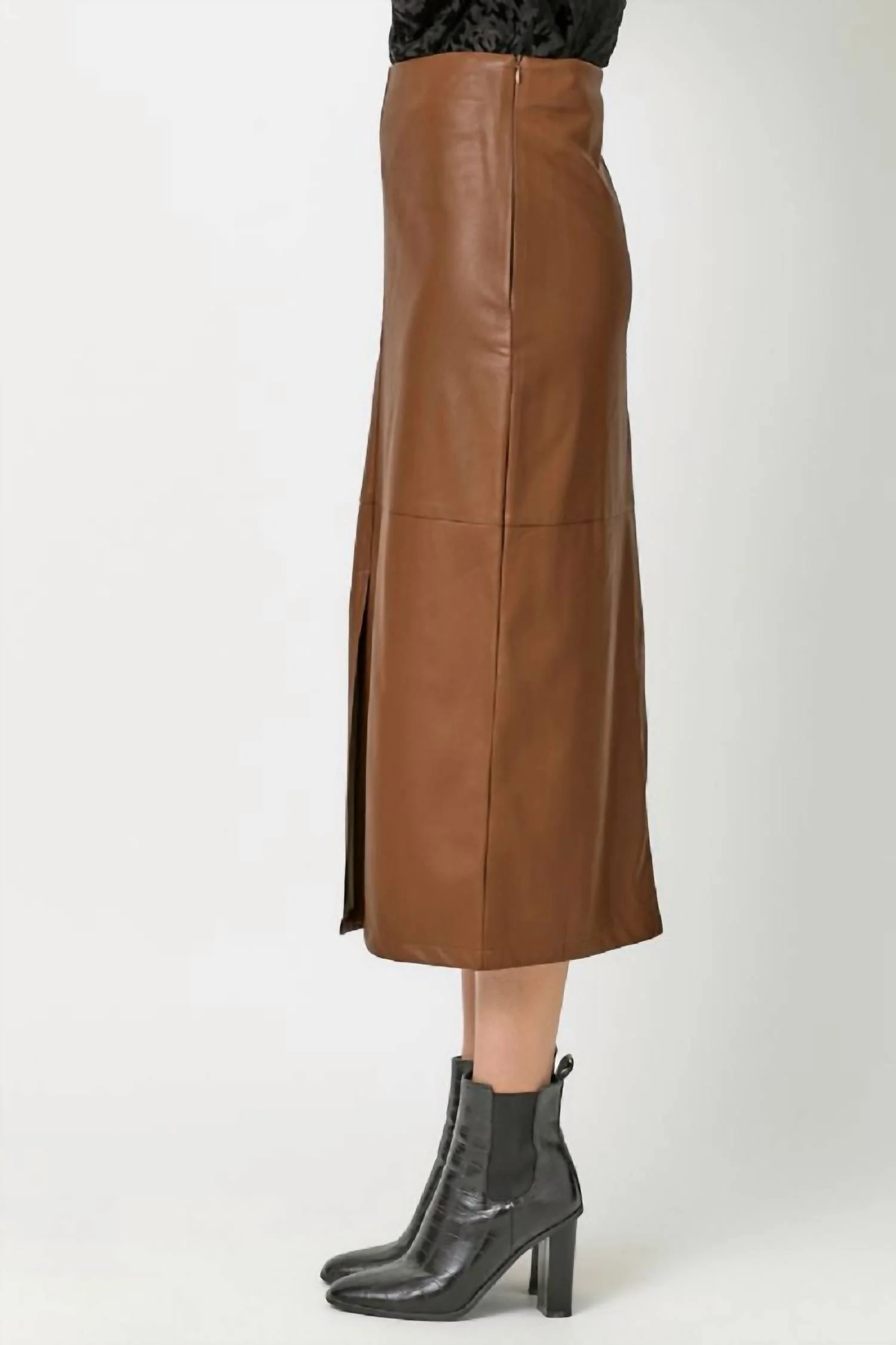 Leather Midi Skirt In Camel