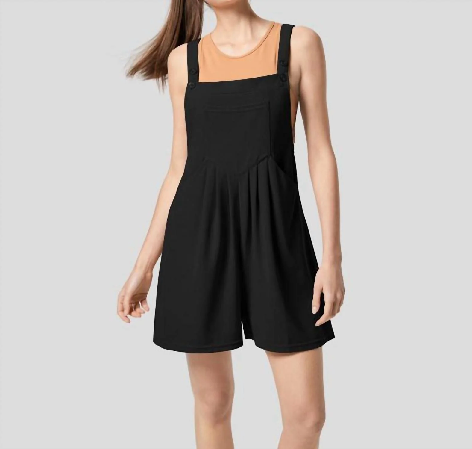 Adjustable Strap Button Multiple Pockets Plicated Waffle Casual Short Overalls In Black