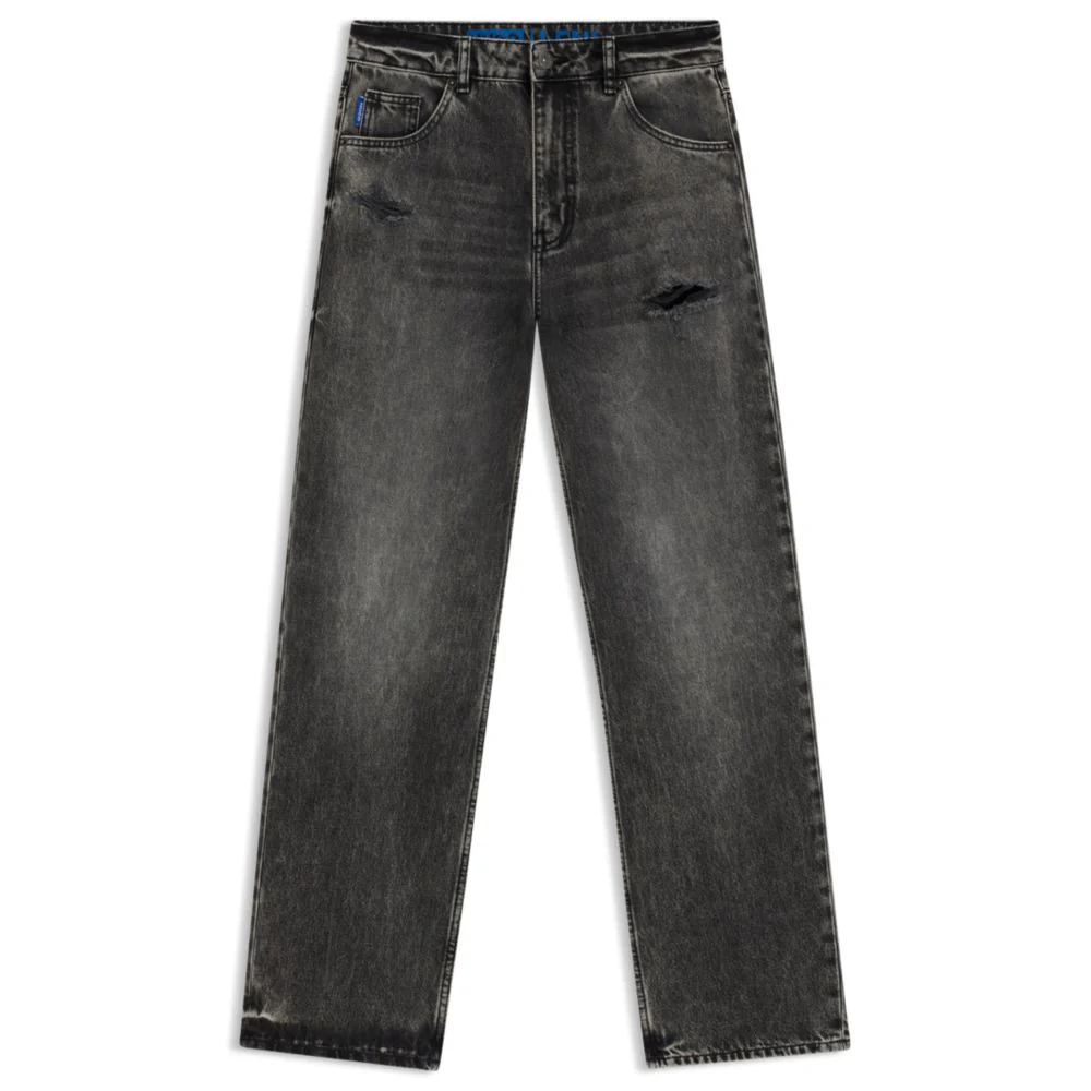 Relaxed-fit jeans in distressed rigid denim