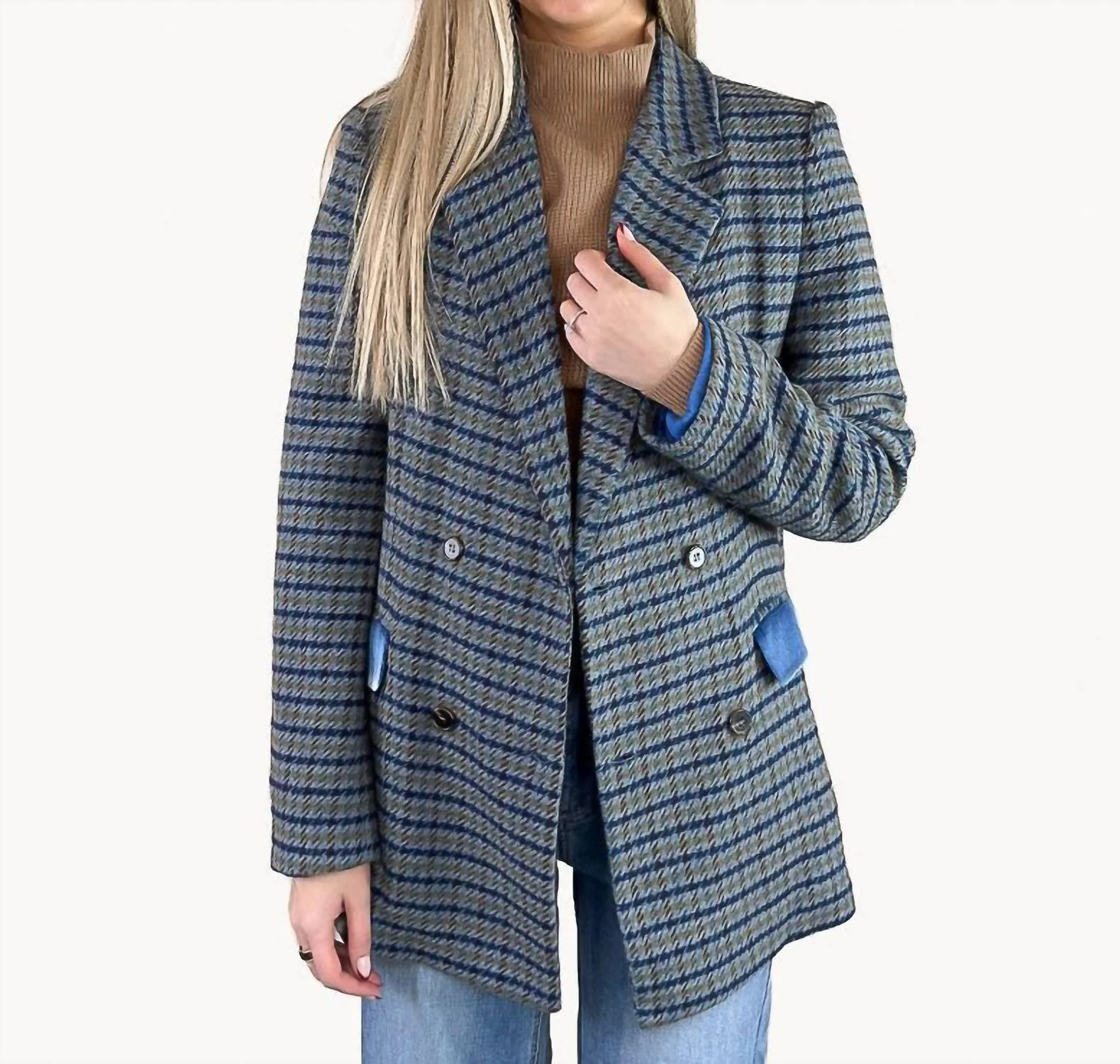 Wool Blend Houndstooth Coat In Navy