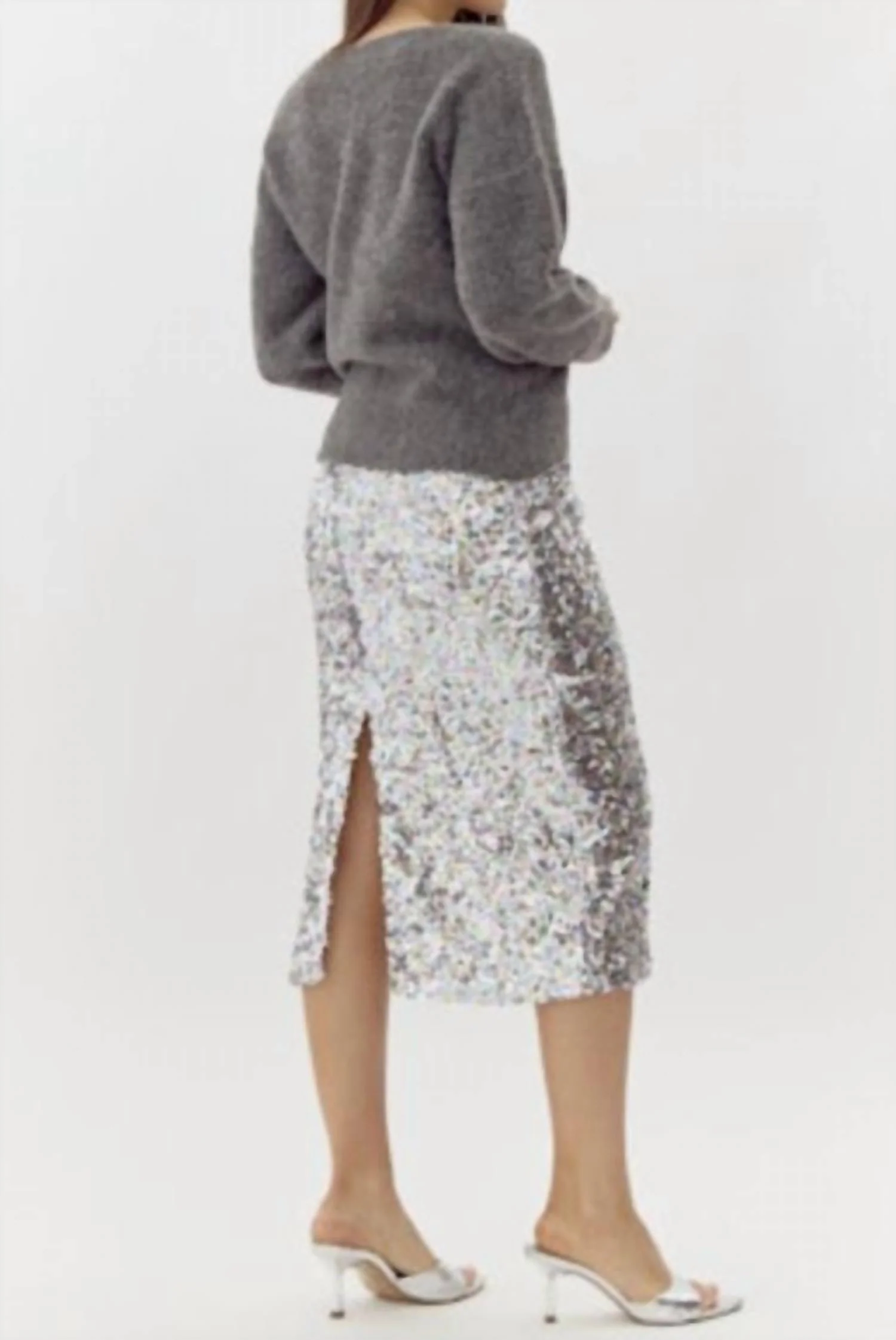 Lacey Sequins Midi Skirt In Silver Multi