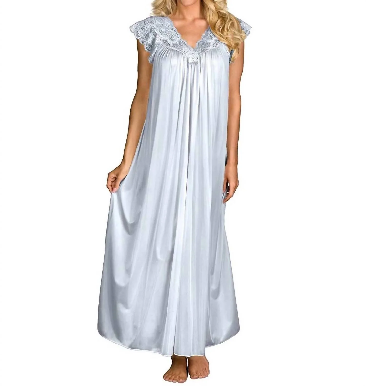 Long Lace Cap Sleeve Nightgown In Silver