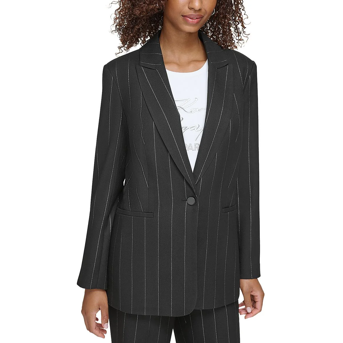 Womens Pinstripe Polyester One-Button Blazer