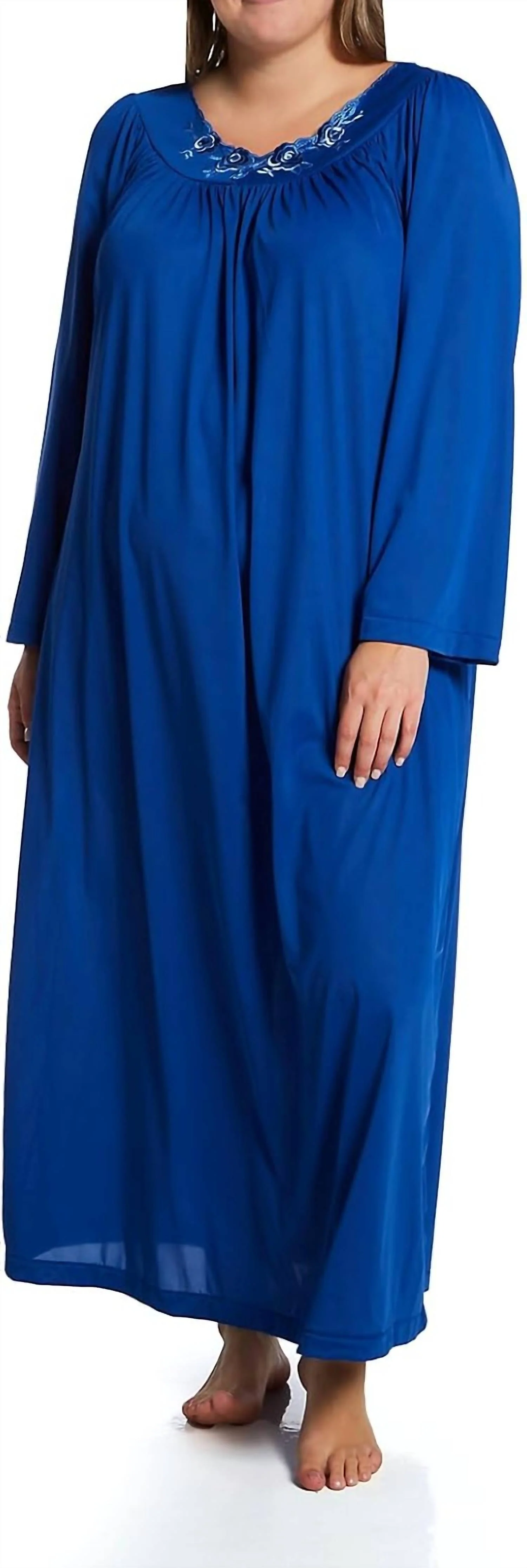 Long Gown With Flower Petal Embroidery And Flutter Sleeves In Navy