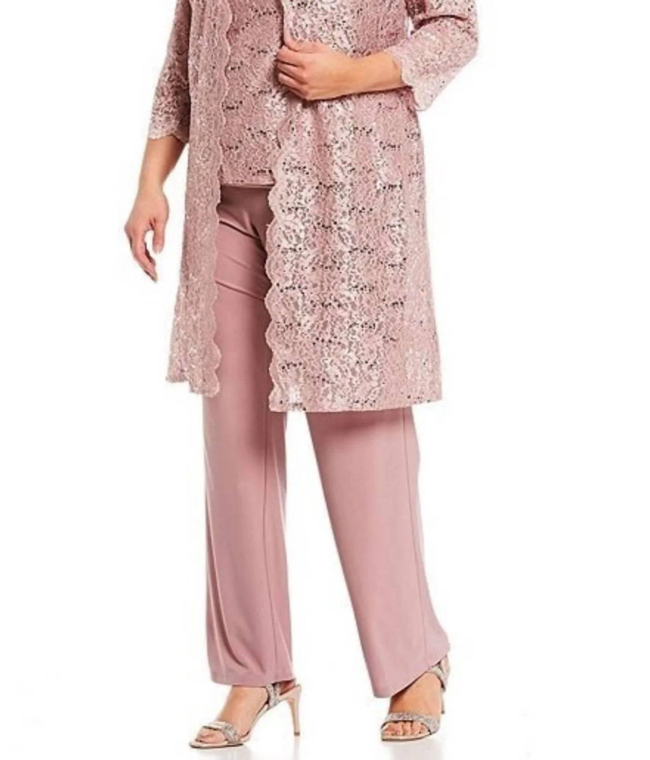 Lace 3/4 Sleeve 3-Piece Pants Set In Mauve