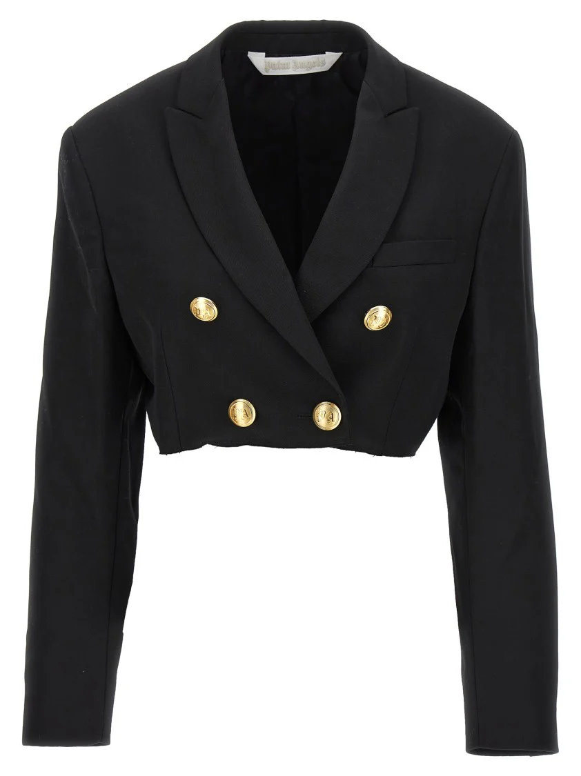 Double-Breasted Cropped Blazer With Gold Button Accents