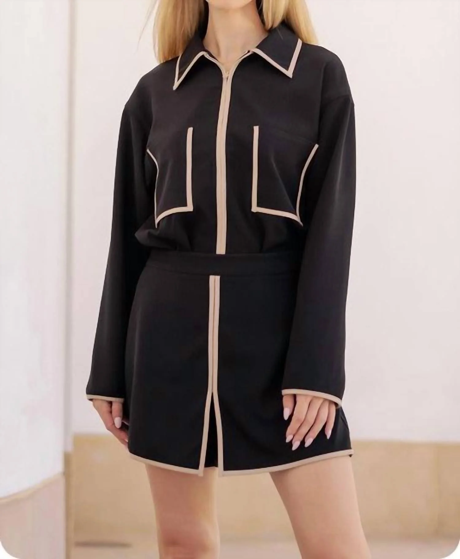 Faux Leather Jacket And Skort Set In Black