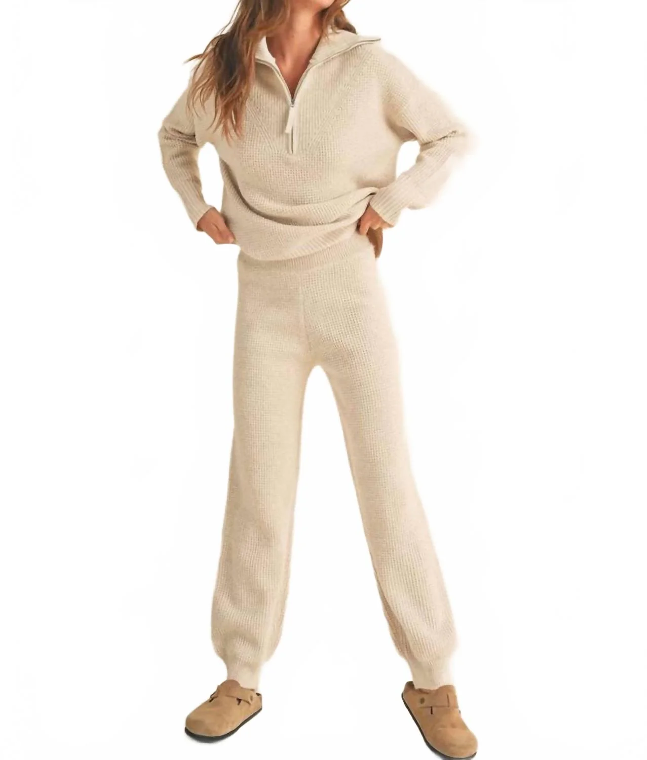 Women's Waffle Jogger And Sweater Set In Oatmeal