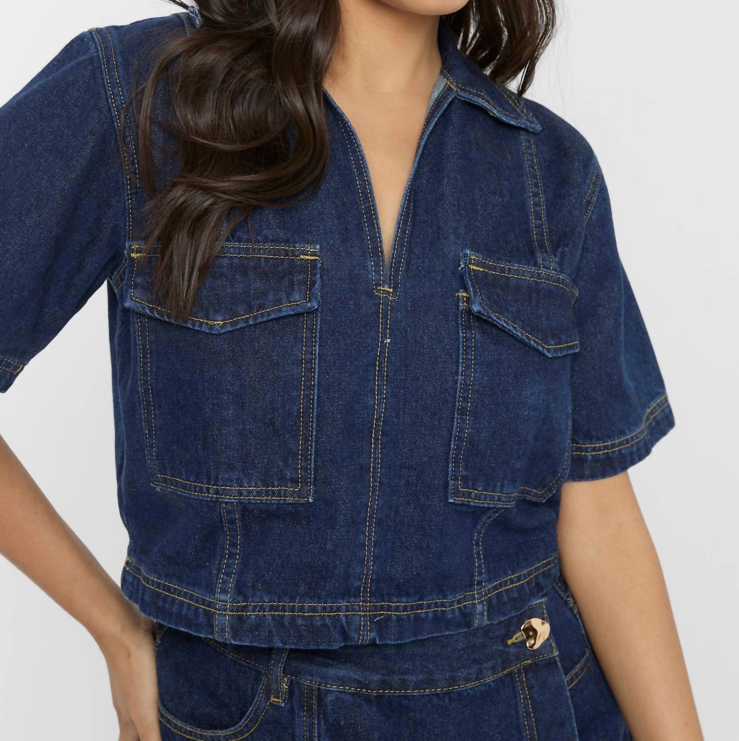 Short Sleeve Jean Skort Set In Dark Blue