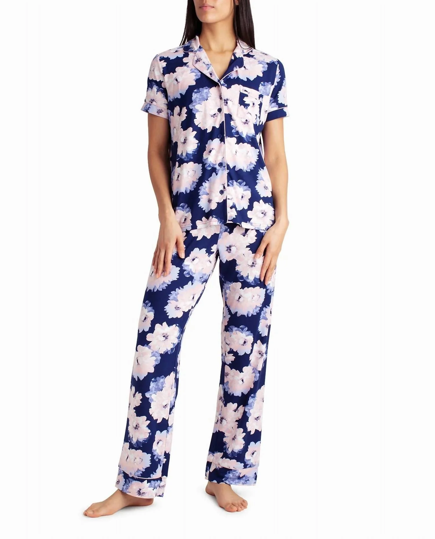 Peached Jersey Shirt & Pant Two-Piece Sleepwear Set In Indiglo Floral
