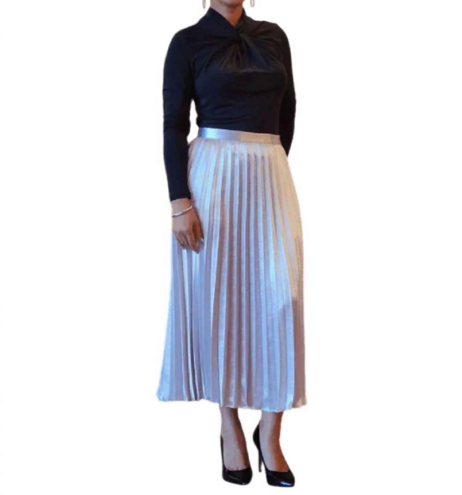 Windowpane Silk Pleated Skirt In Champagne