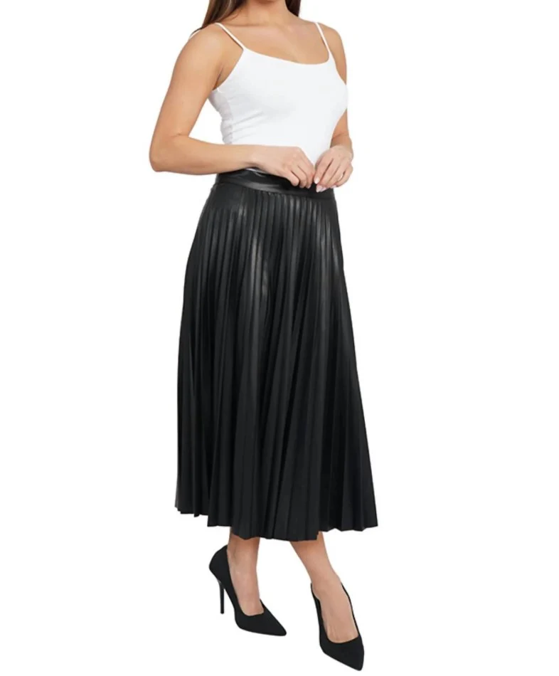 Faux Leather Pleated Midi Skirt