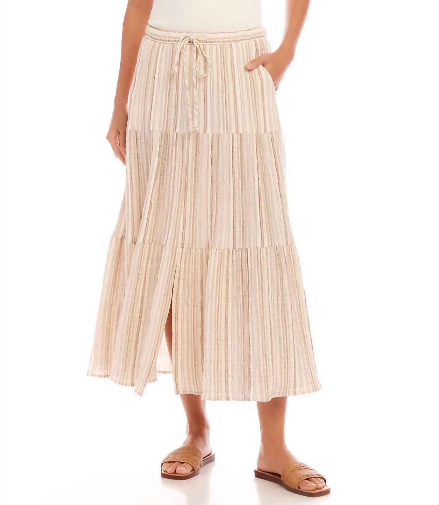 Metallic Tiered Midi Skirt In Stripe